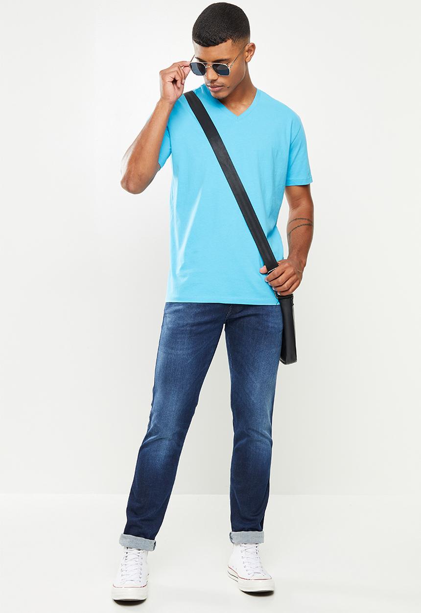 Replay - Left arm patch v neck tee - light blue