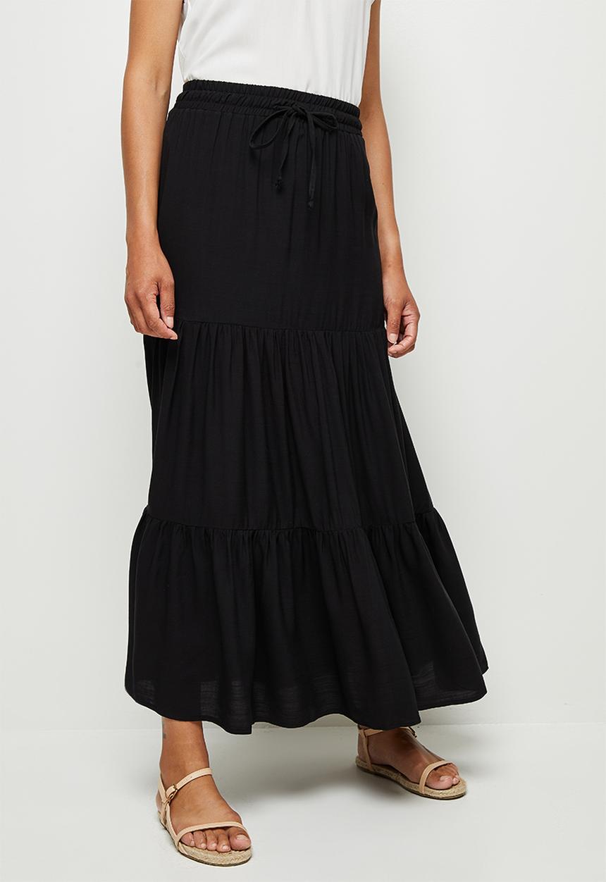 edit - Woven drawcord tiered maxi skirt - black