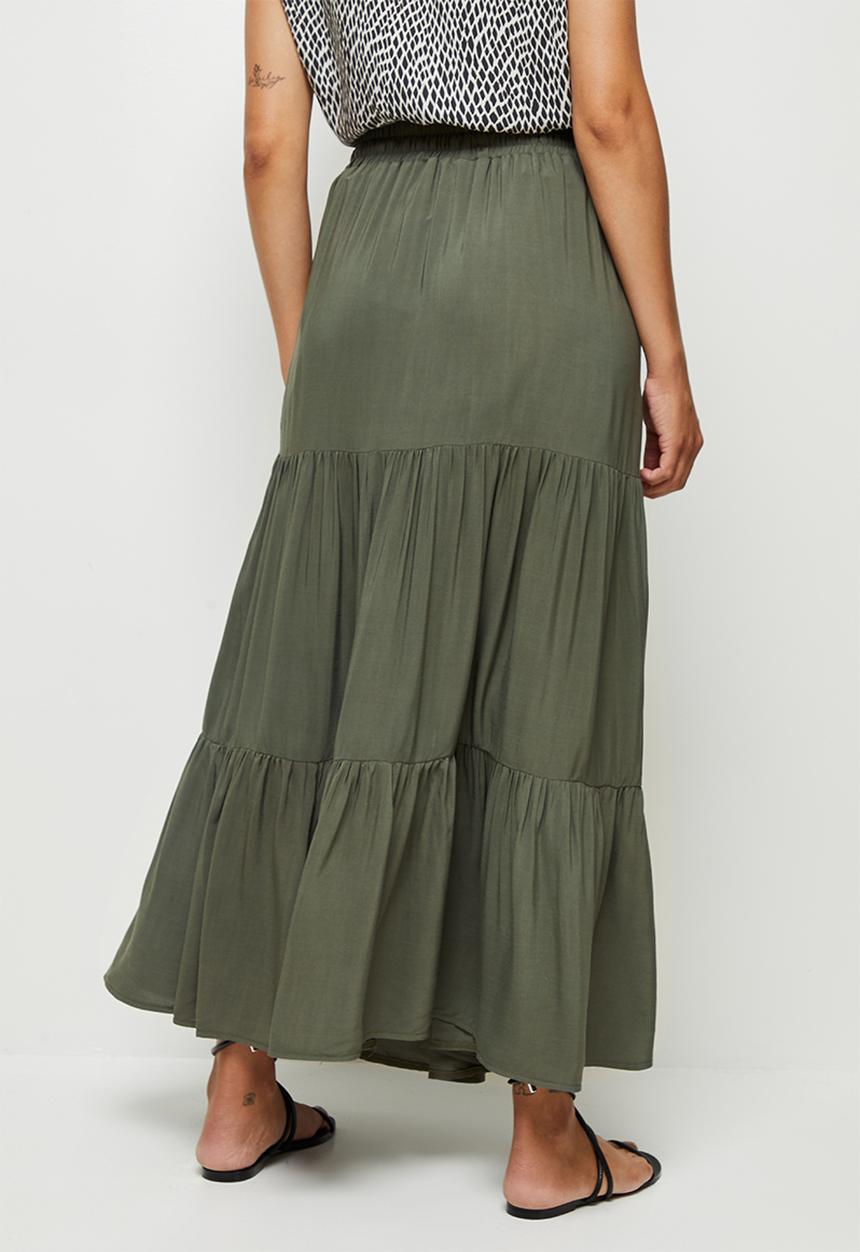 edit - Woven drawcord tiered maxi skirt - khaki