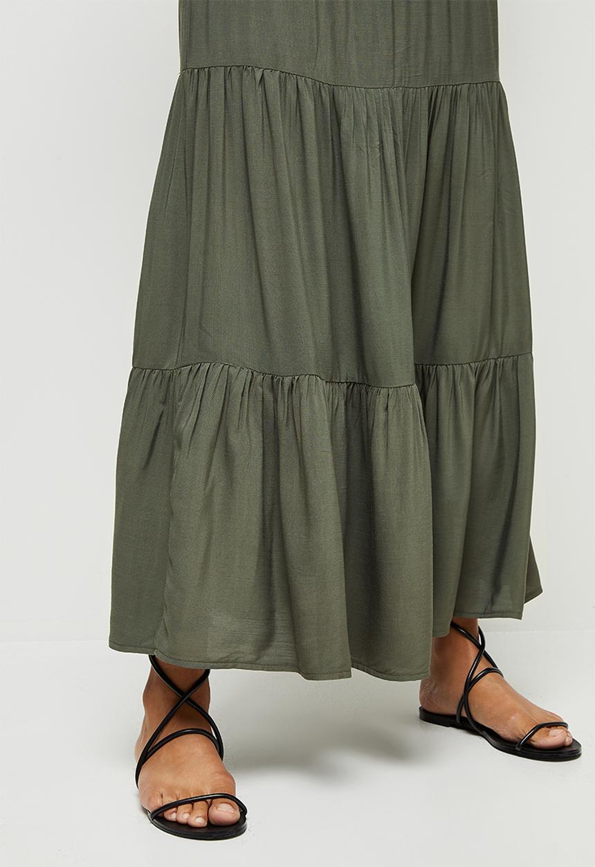 edit - Woven drawcord tiered maxi skirt - khaki