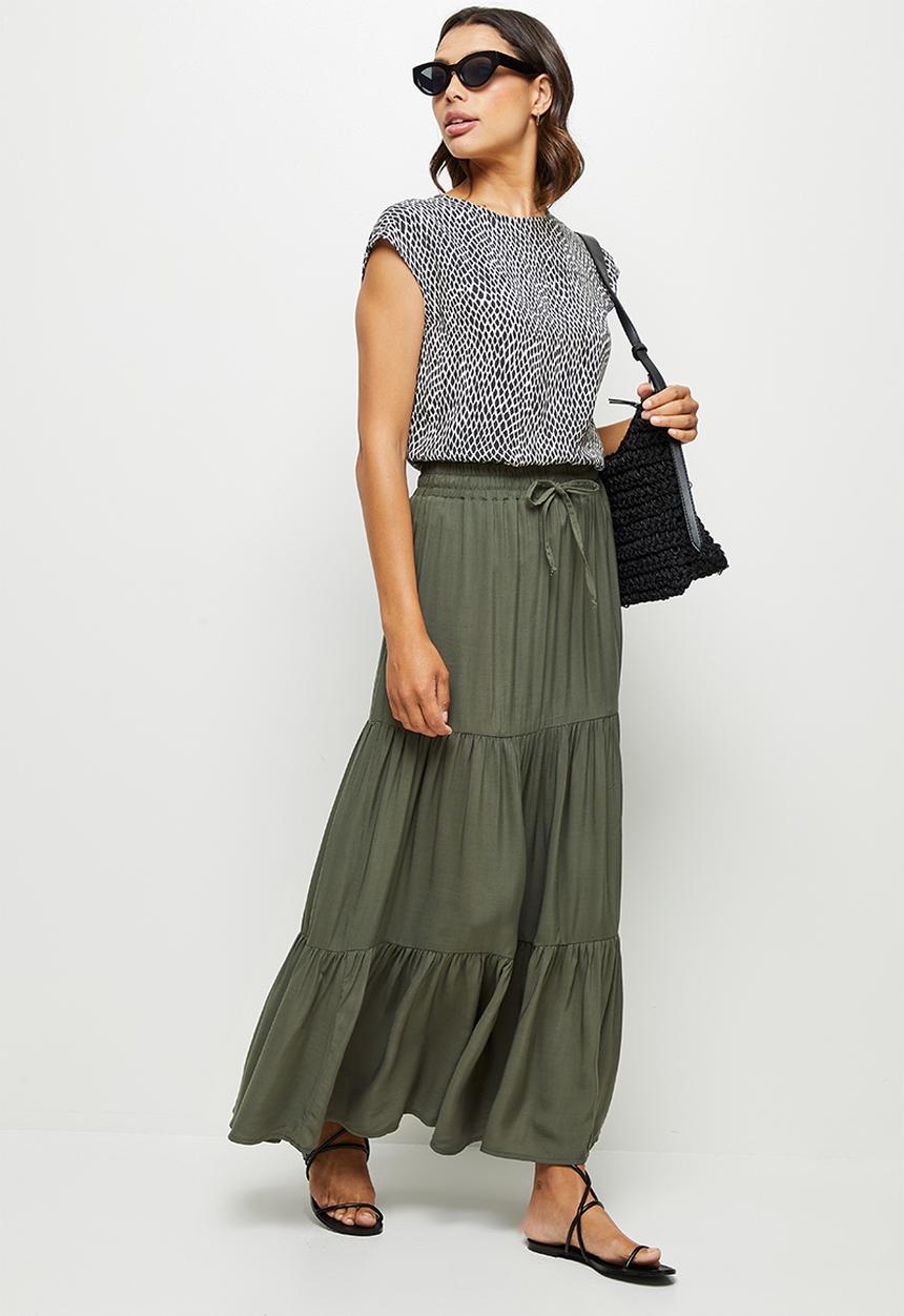 edit - Woven drawcord tiered maxi skirt - khaki
