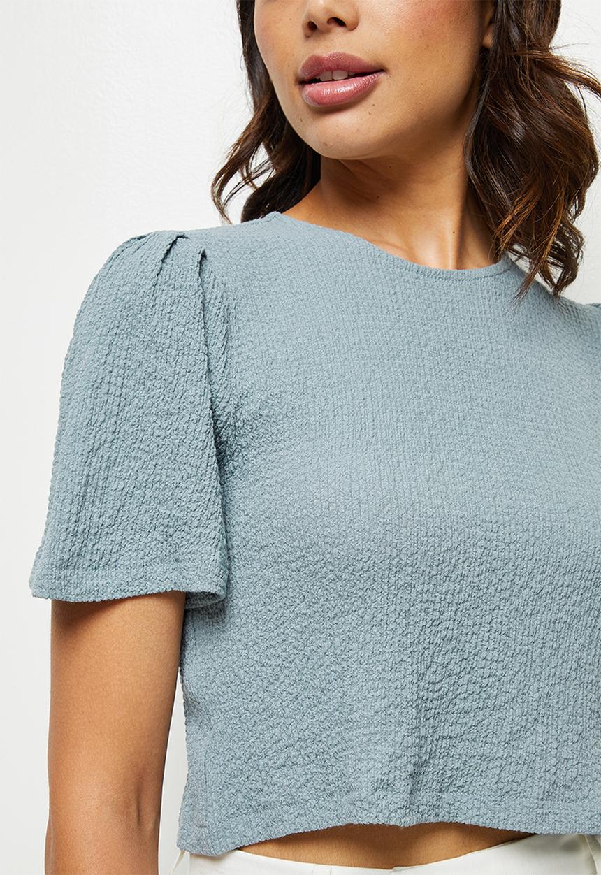 MILLA - Textured knit bow back top - duck egg