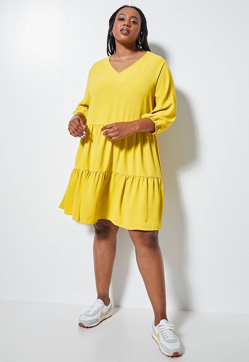 Superbalist - V-neck tiered mini dress - yellow