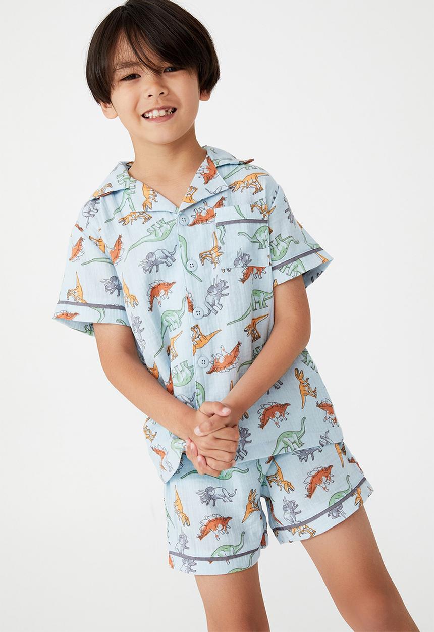Cotton On - Andre cheesecloth short sleeve pj set - shadow dino frosty blue
