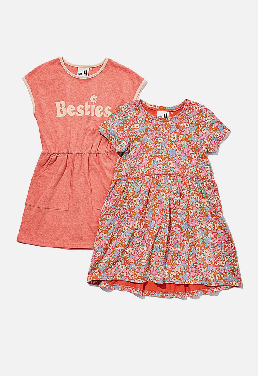 Cotton On - Girls multipack short sleeve dresses 2 pack - peach & rust 