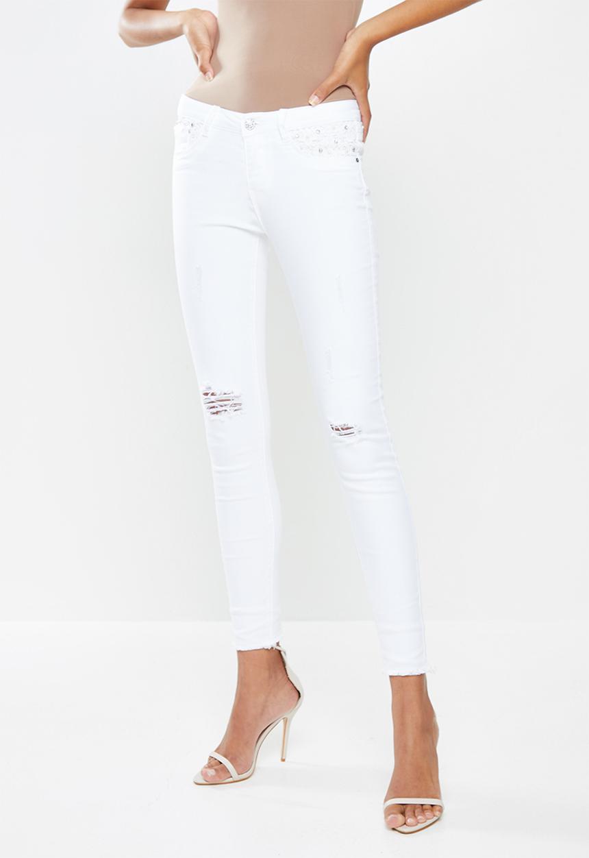 SISSY BOY - Jon jon with rips, crochet insets & bling - white