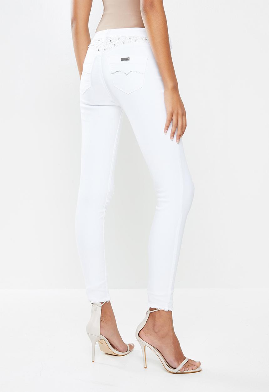 SISSY BOY - Jon jon with rips, crochet insets & bling - white