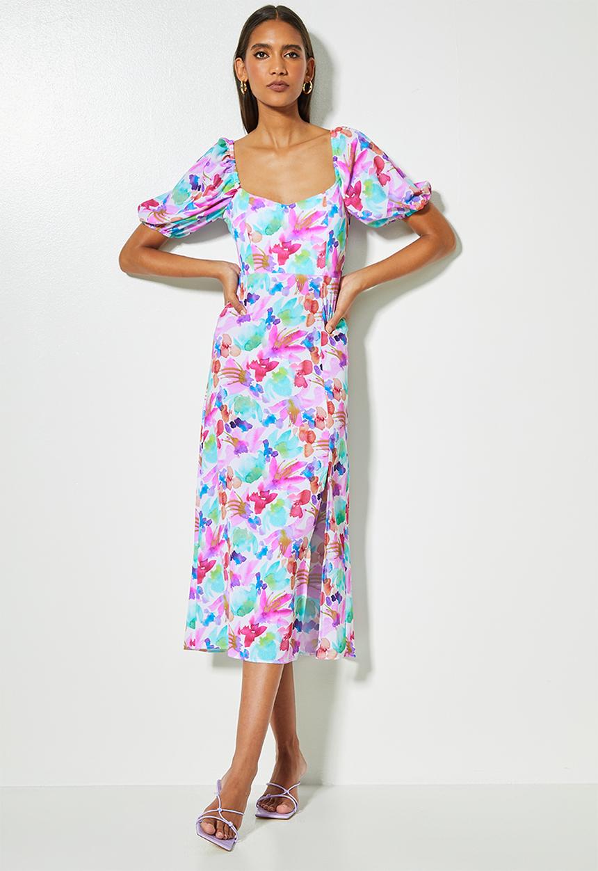VELVET - Printed Mesh Ruched Button Through Shirt Dress - blue snake print