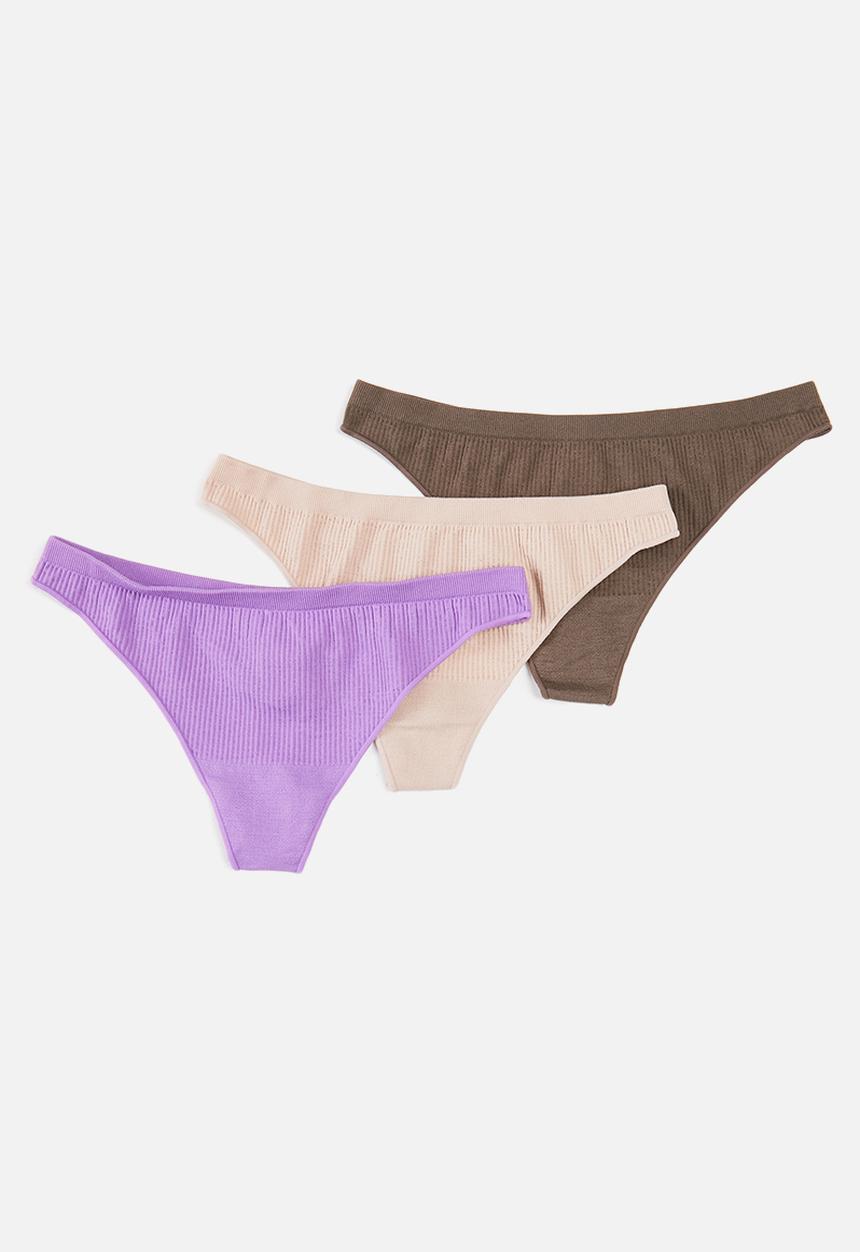 Cotton On - Seamless rib thong brief 3 pack - new latte/deep taupe/berry smoothie