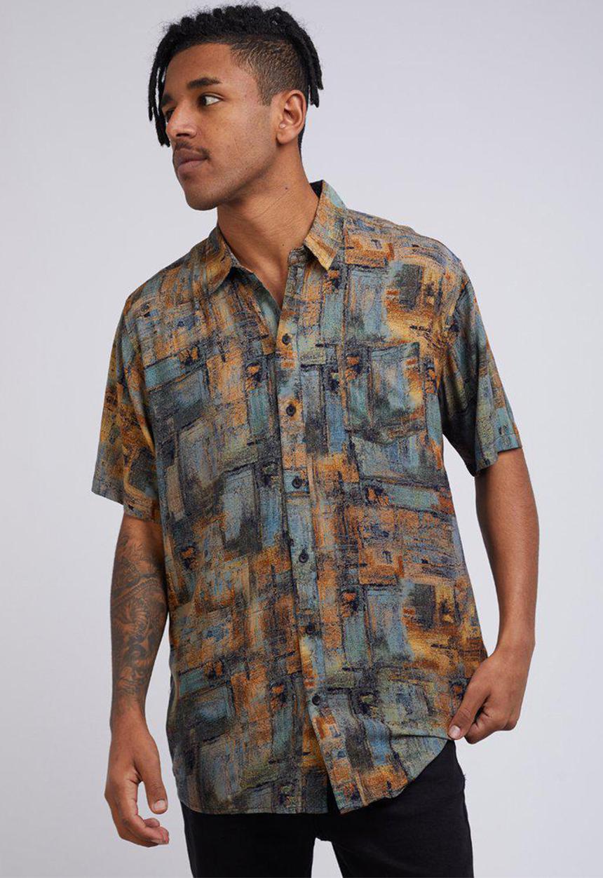 Silent Theory - Retro short sleeve shirt - brown & blue 