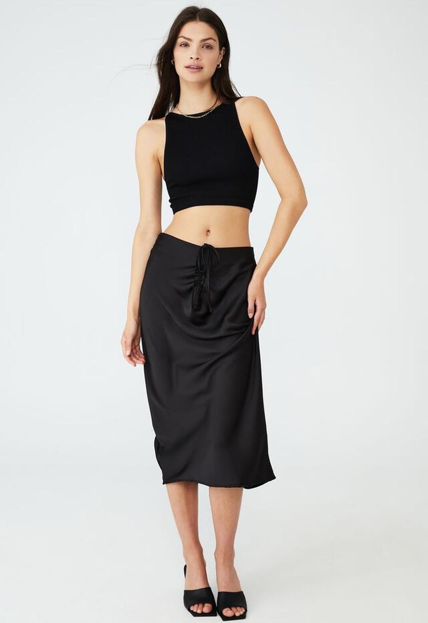 Cotton On - Woven santorini satin ruched midi skirt - black