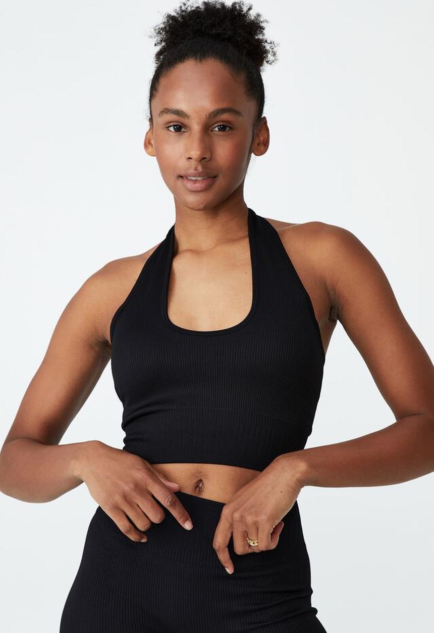 Cotton On - Seamless rib halter vestlette - black