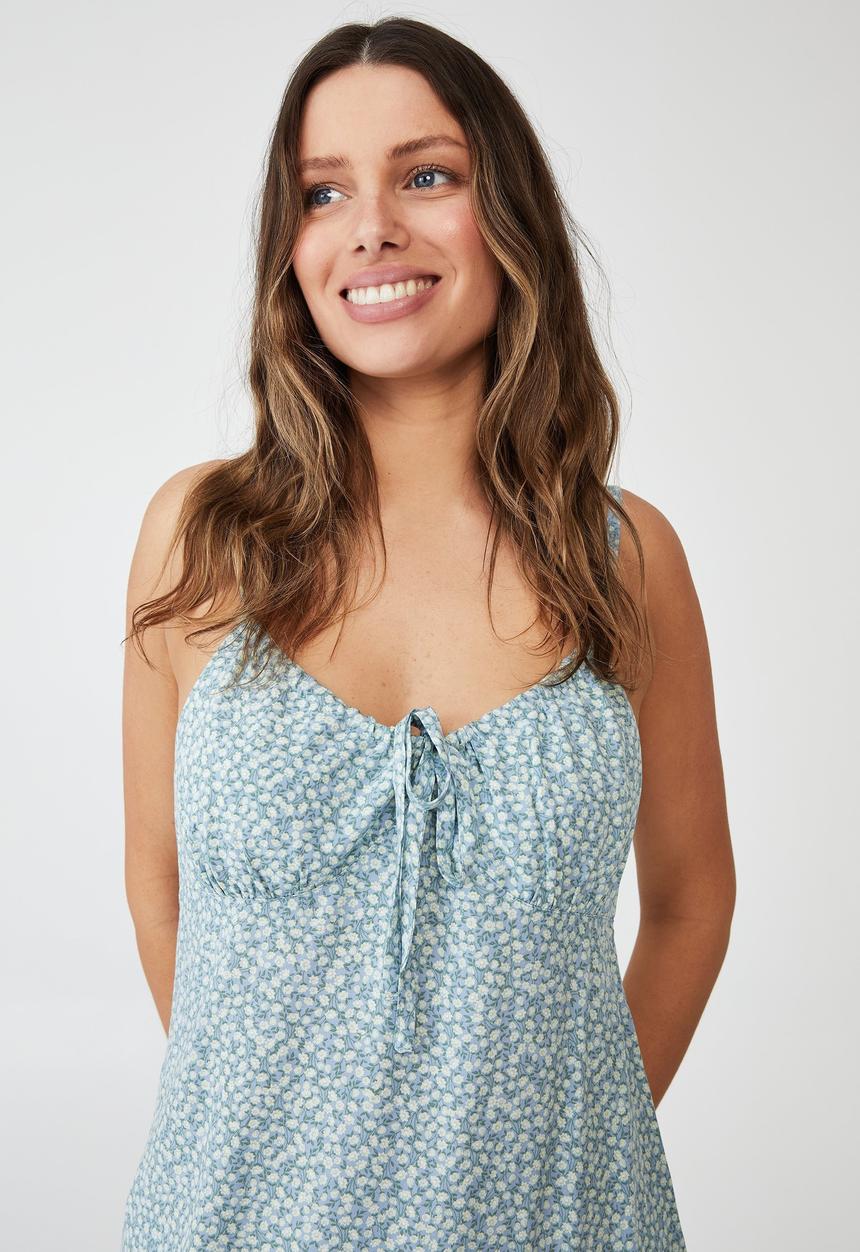 Cotton On - Woven ivy tie front mini dress - soft blue