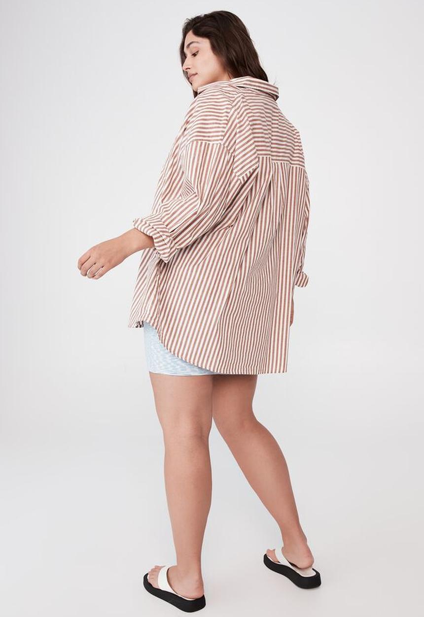 Cotton On - Curve dad shirt - hayley stripe leaf brown