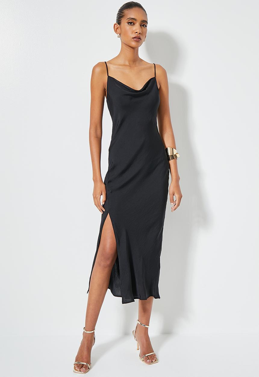 VELVET - Strappy cowl neck slip dress with slits - black