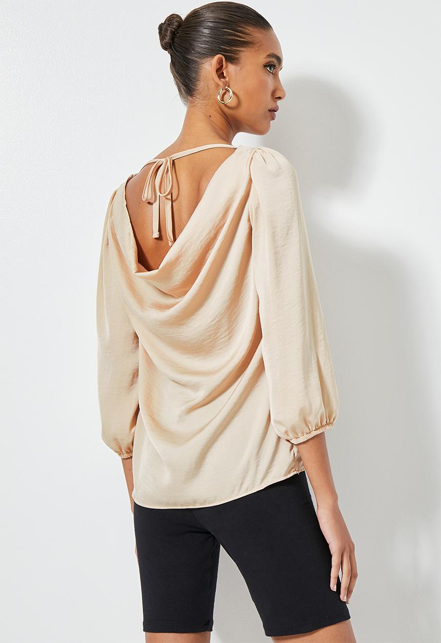 VELVET - Satin cowl back balloon sleeve blouse - ecru