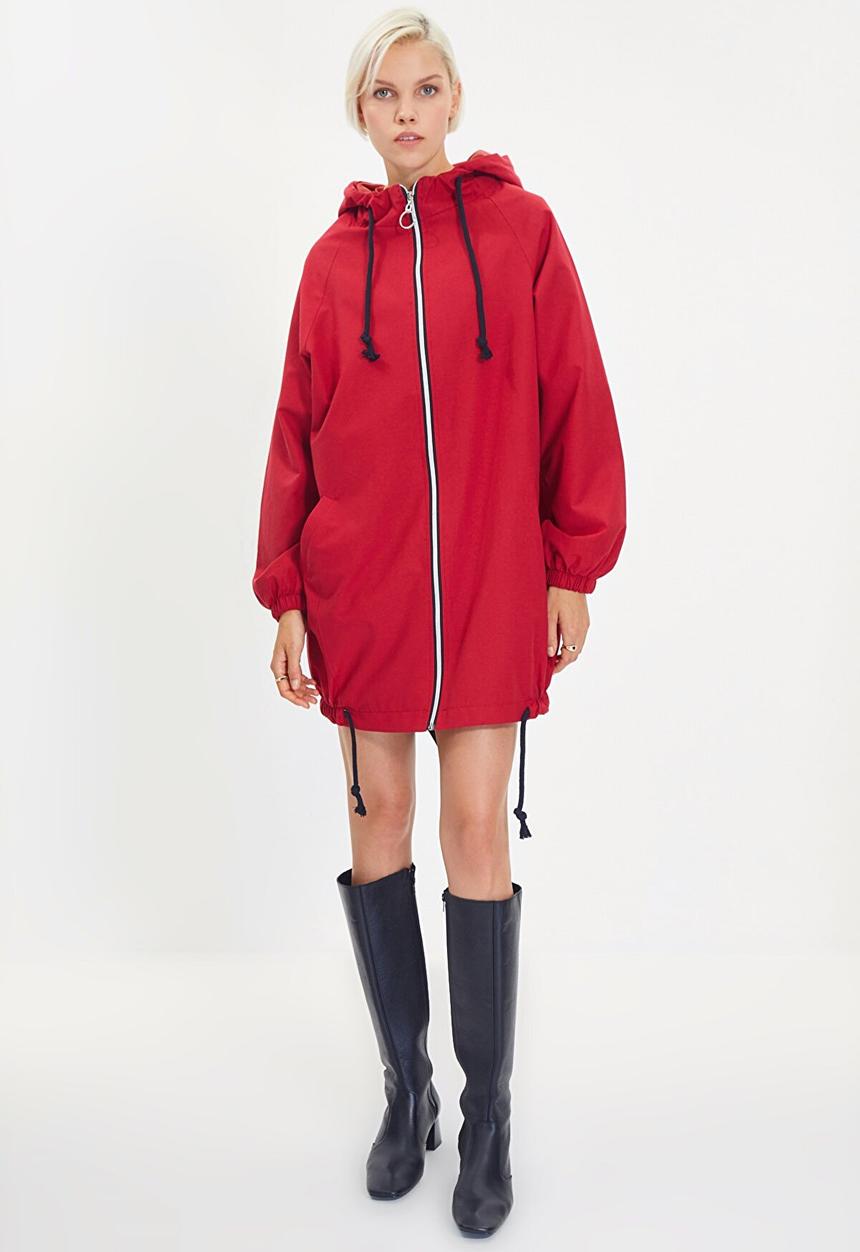 Trendyol - Oversized hooded zipper detailed coat - red