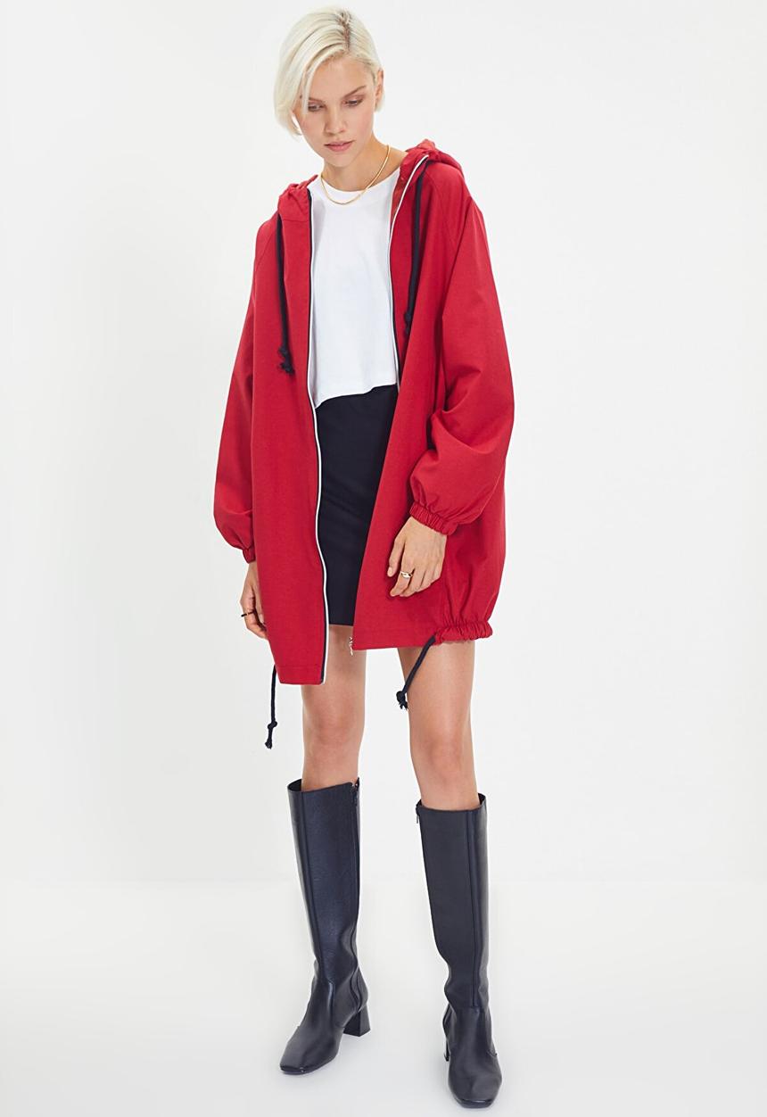 Trendyol - Oversized hooded zipper detailed coat - red