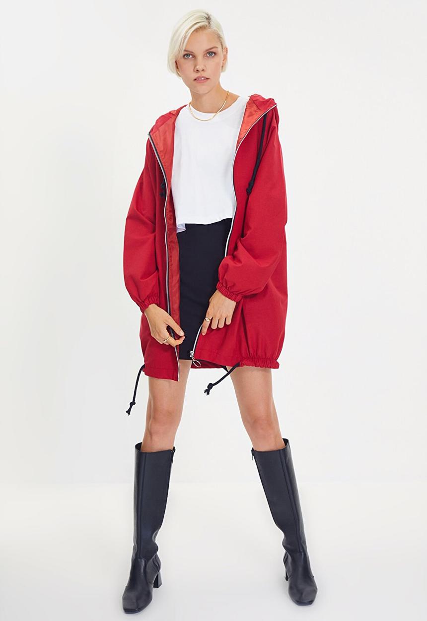 Trendyol - Oversized hooded zipper detailed coat - red