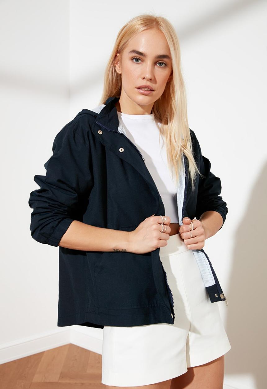 Trendyol - Oversized hooded zipper detailed jacket - navy