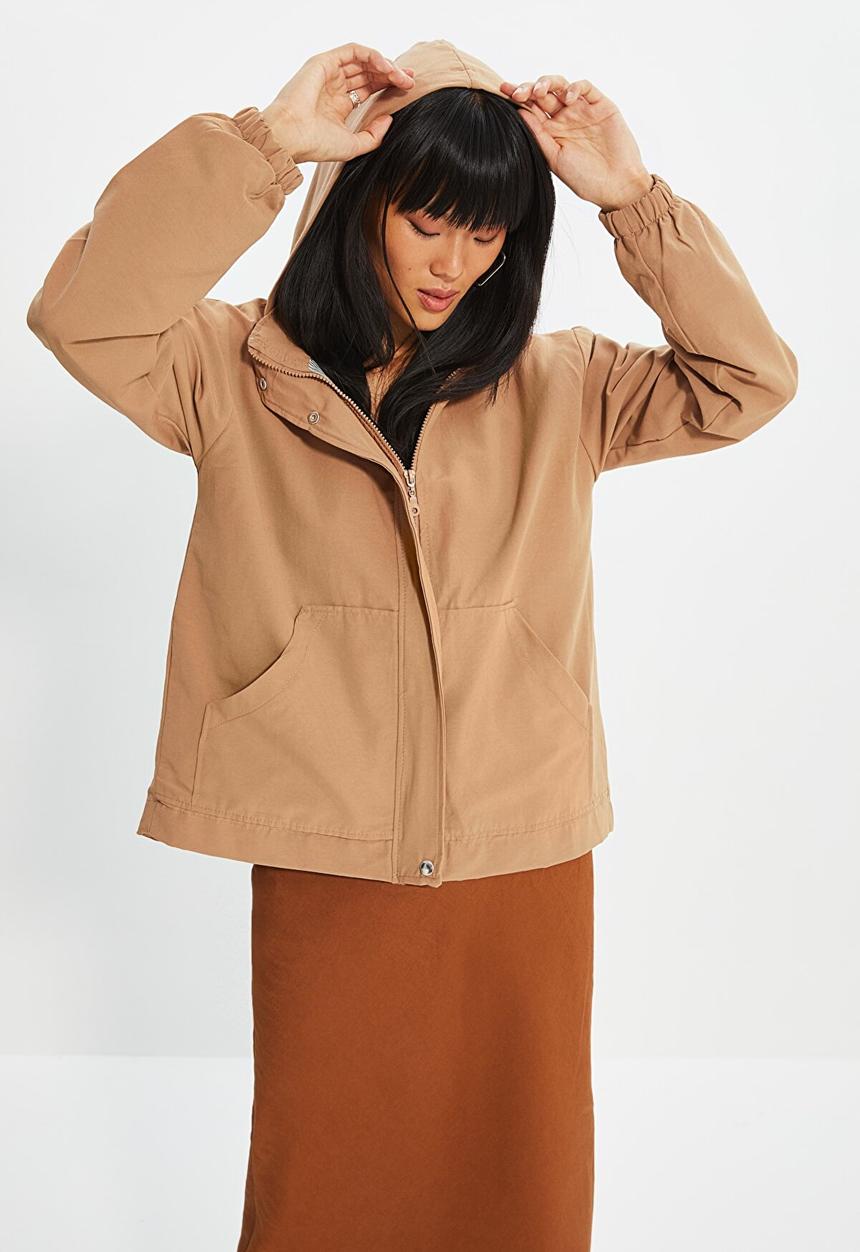Trendyol - Oversized hooded zipper detailed coat - camel