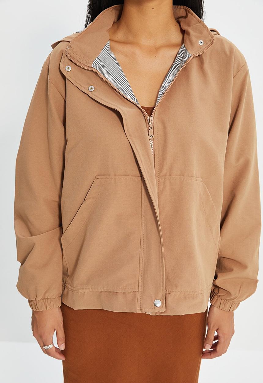 Trendyol - Oversized hooded zipper detailed coat - camel