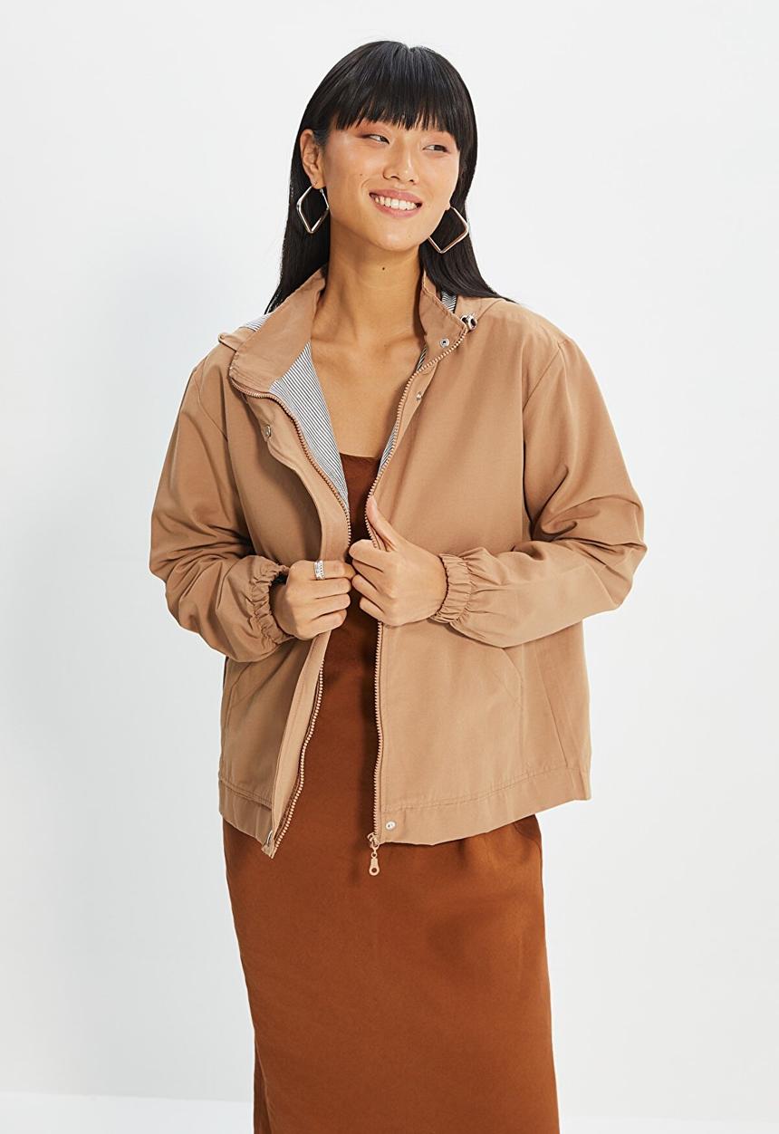 Trendyol - Oversized hooded zipper detailed coat - camel