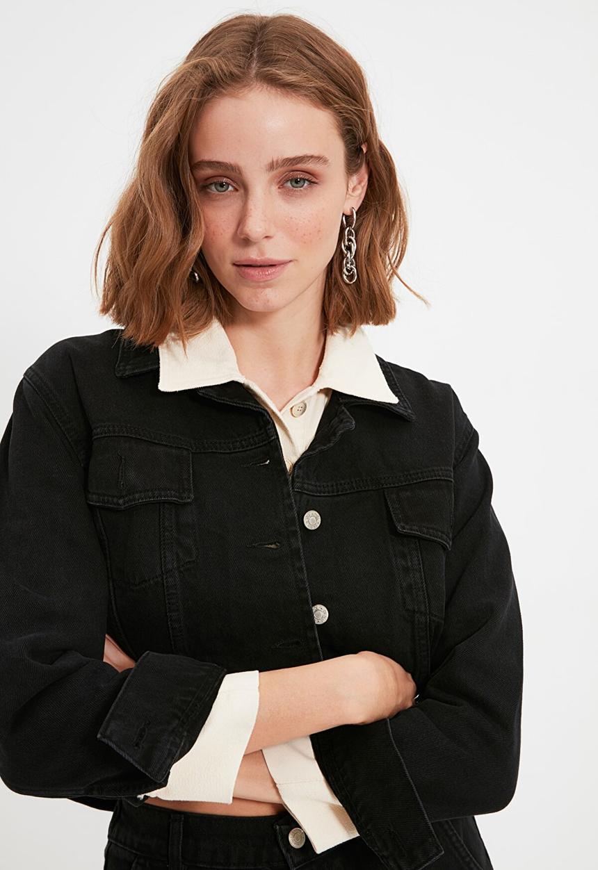 Trendyol - Basic crop denim jacket - black