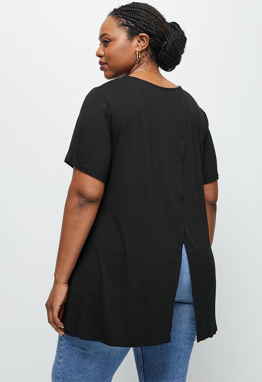 edit Plus - Short sleeve mock wrap top - black