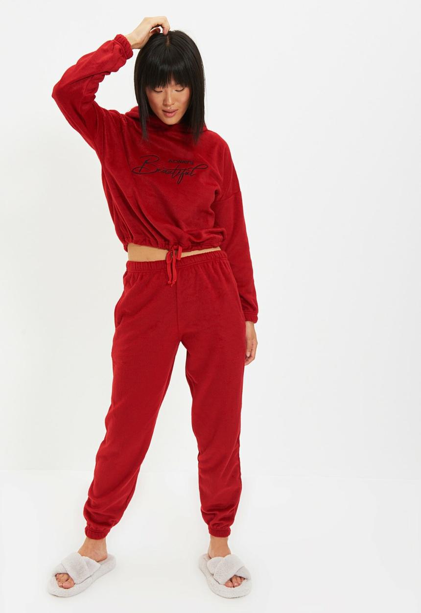 Trendyol - Slogan printed knit pajama set - claret red