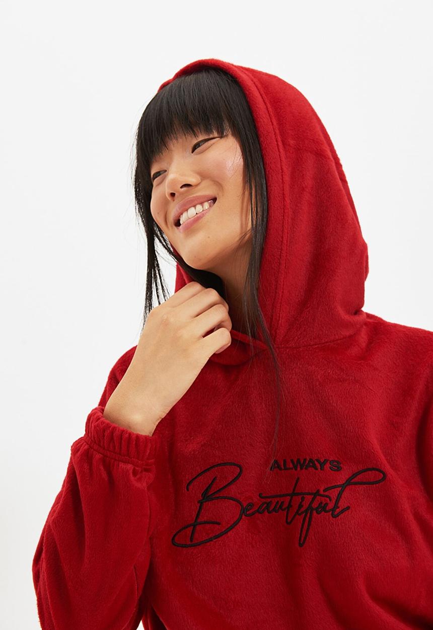Trendyol - Slogan printed knit pajama set - claret red