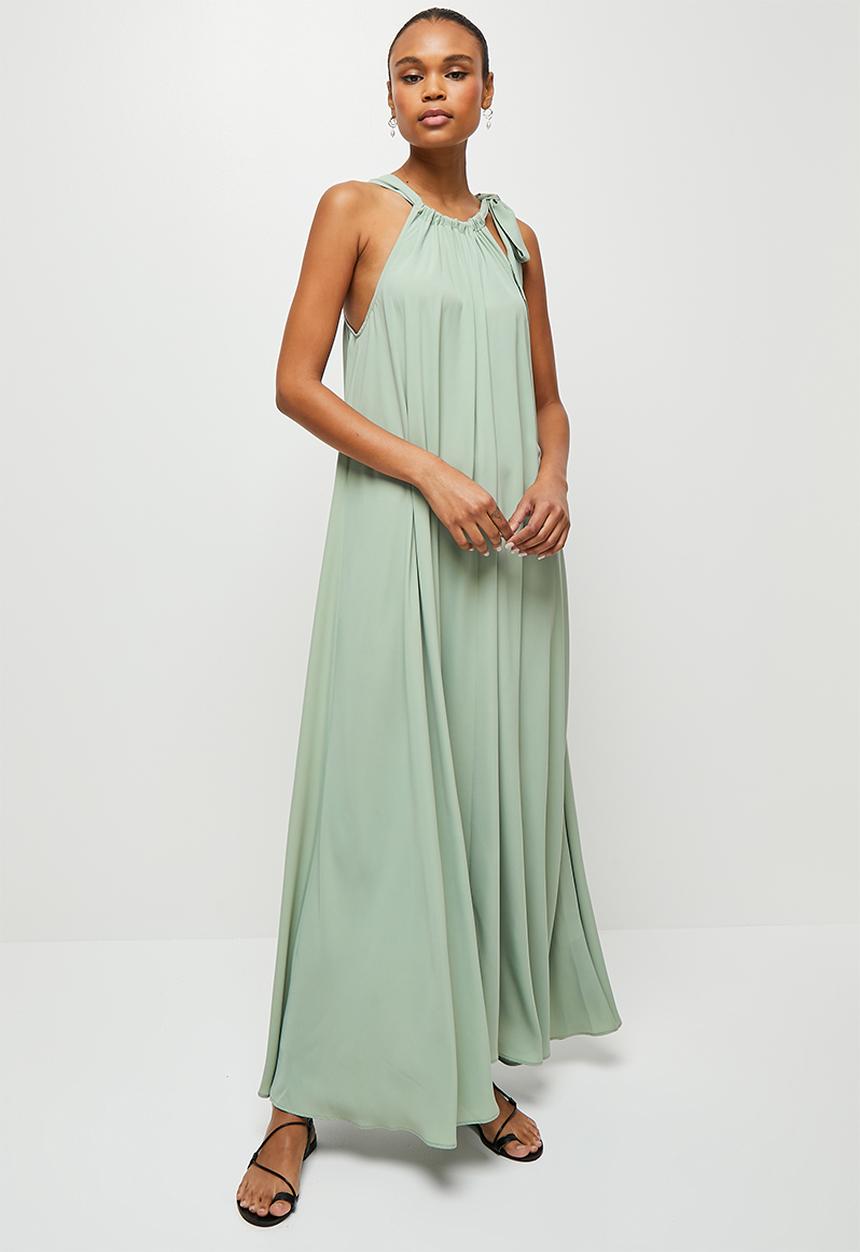 MILLA - Halter trapeze maxi dress with tie - sage