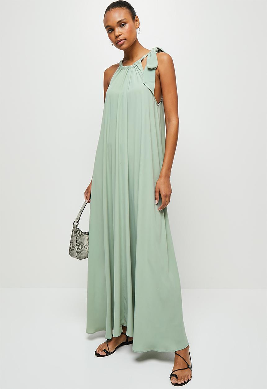 MILLA - Halter trapeze maxi dress with tie - sage