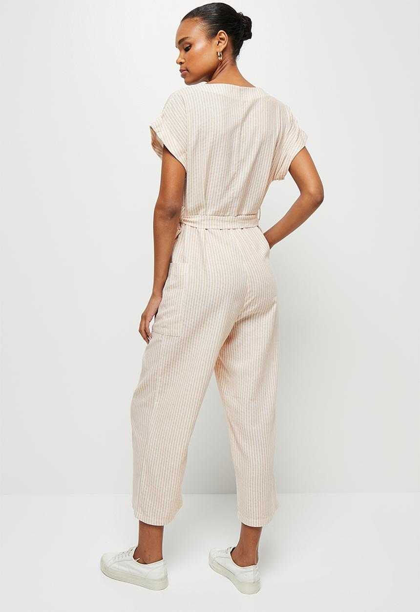 edit - Linen button down crop jumpsuit - stone stripe