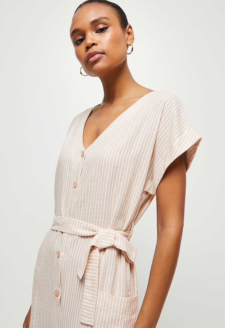 edit - Linen button down crop jumpsuit - stone stripe