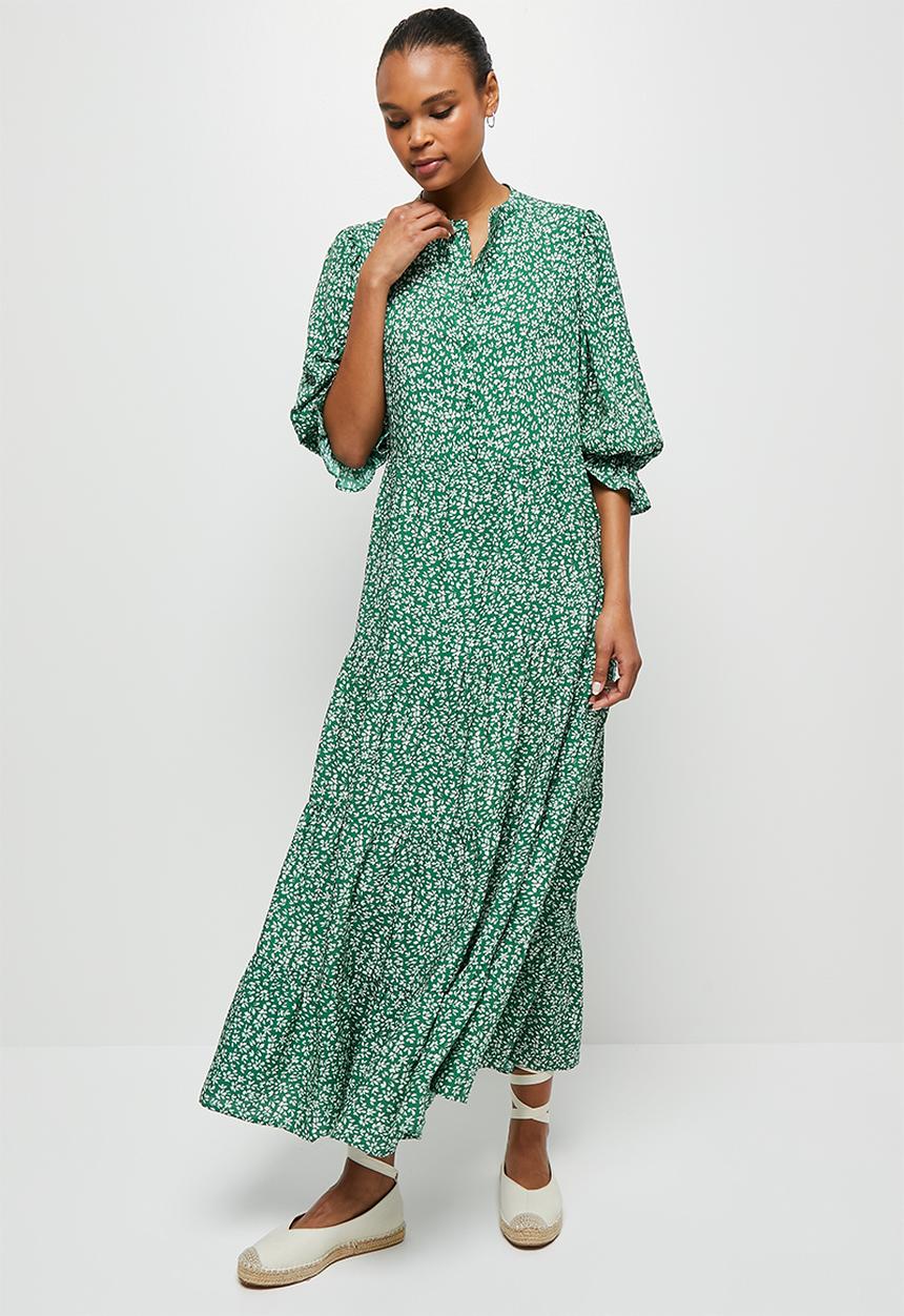 edit - Shirred puff sleeve tiered maxi - green ditsy