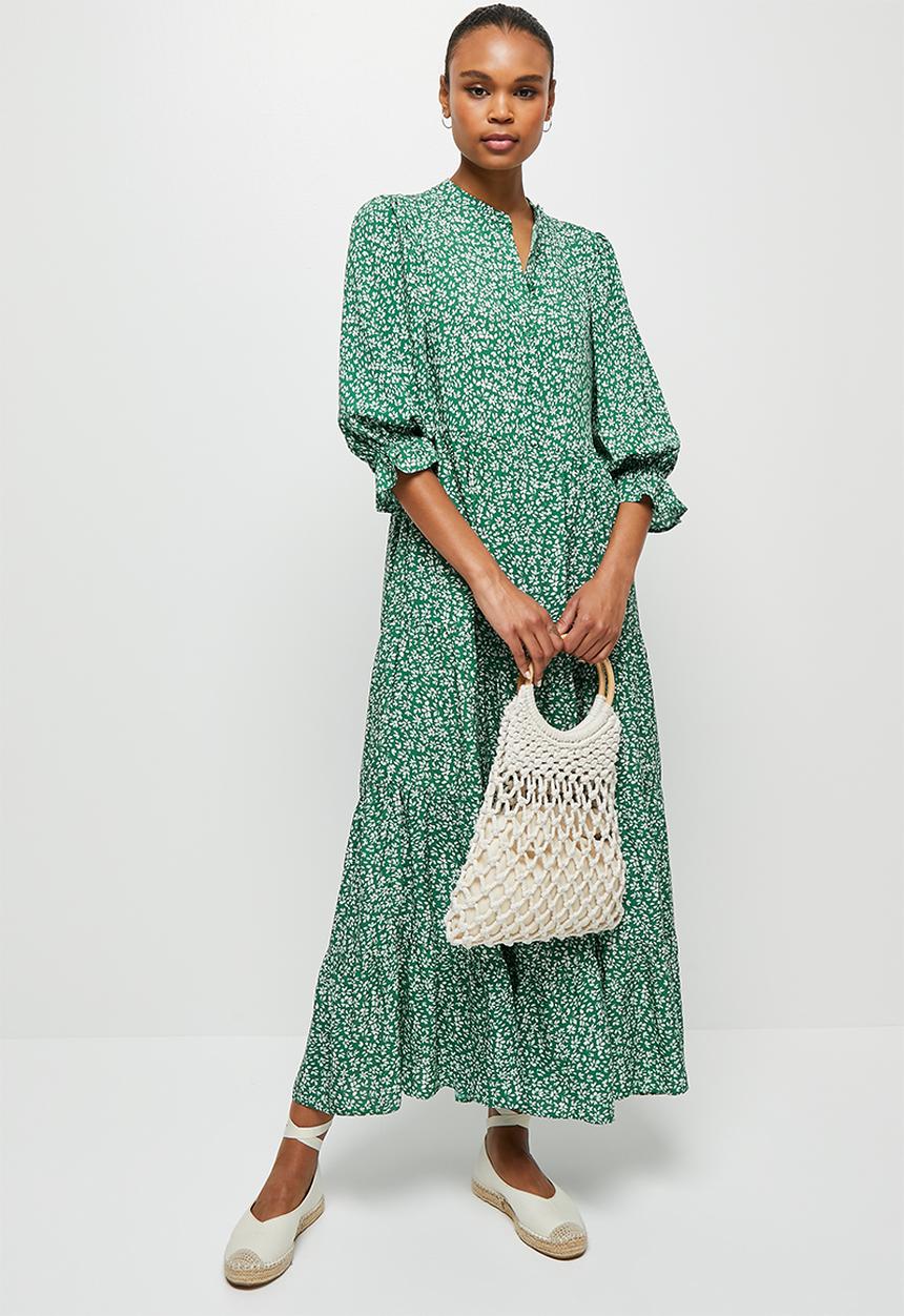 edit - Shirred puff sleeve tiered maxi - green ditsy