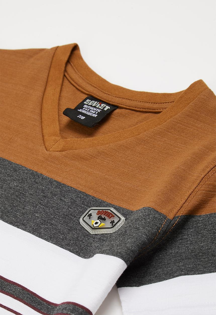 SOVIET - B mason v-neck yarn dye stripe tee - brick
