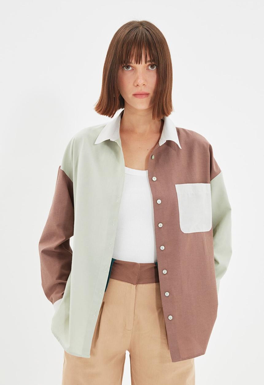 Trendyol - Colourblock shirt with pockets - brown