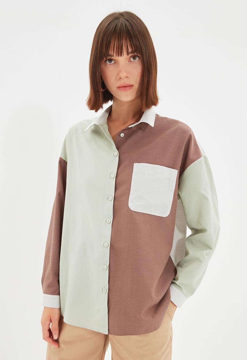 Trendyol - Colourblock shirt with pockets - brown