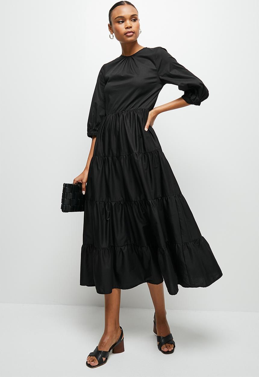 edit - Bellow sleeve poplin tiered maxi - black