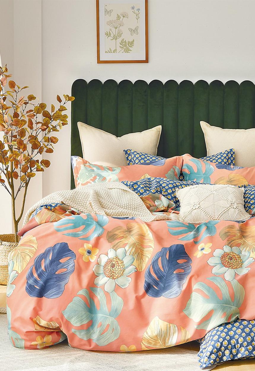 Linen Boutique - Leaves cotton duvet cover set- light salmon & blue