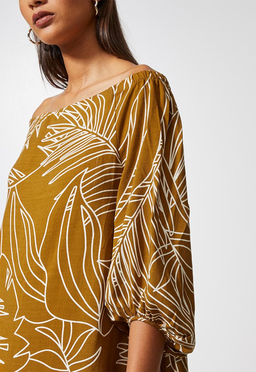 VELVET - Bardot katan midi dress with slits - tobacco leaf
