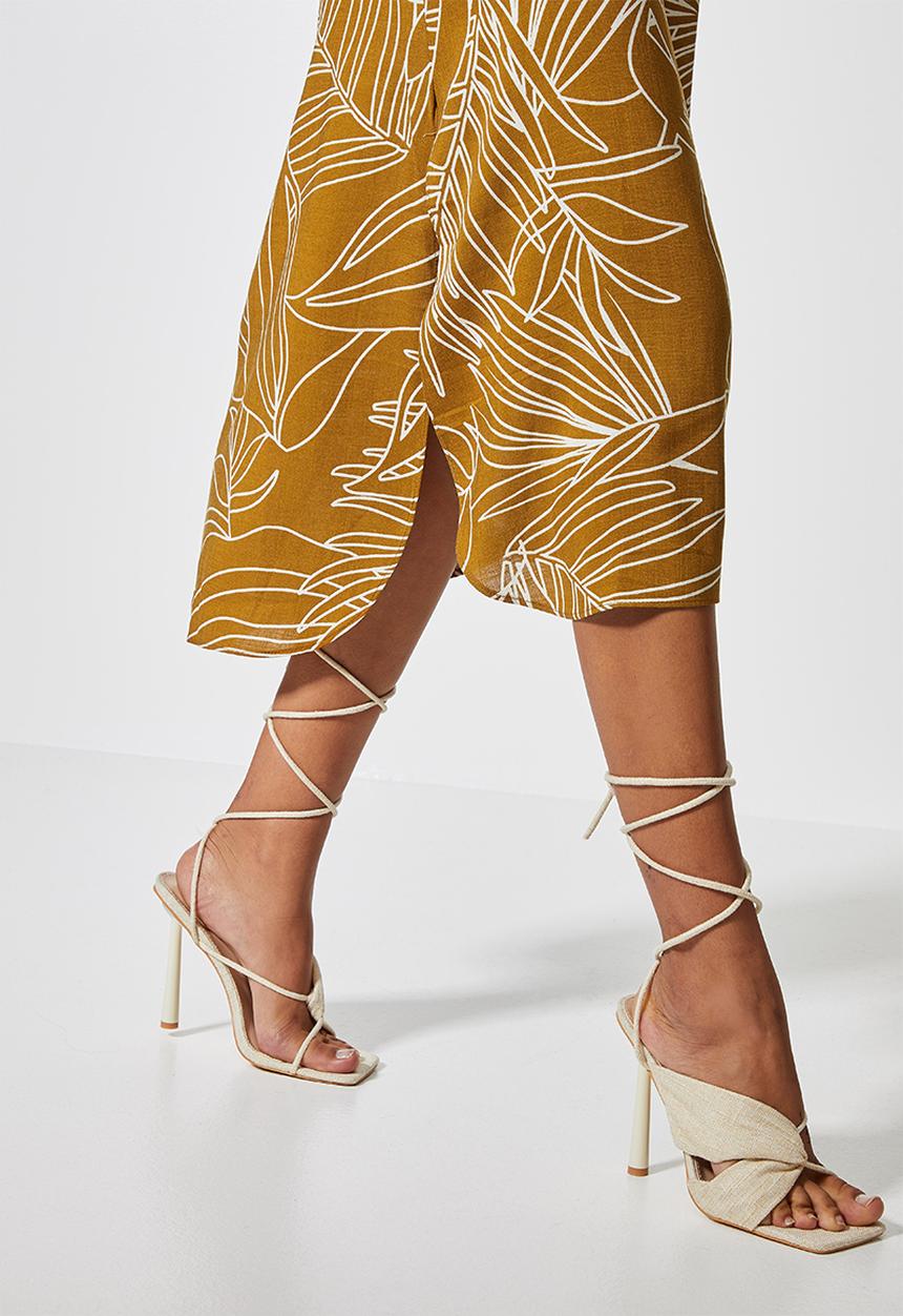 VELVET - Bardot katan midi dress with slits - tobacco leaf