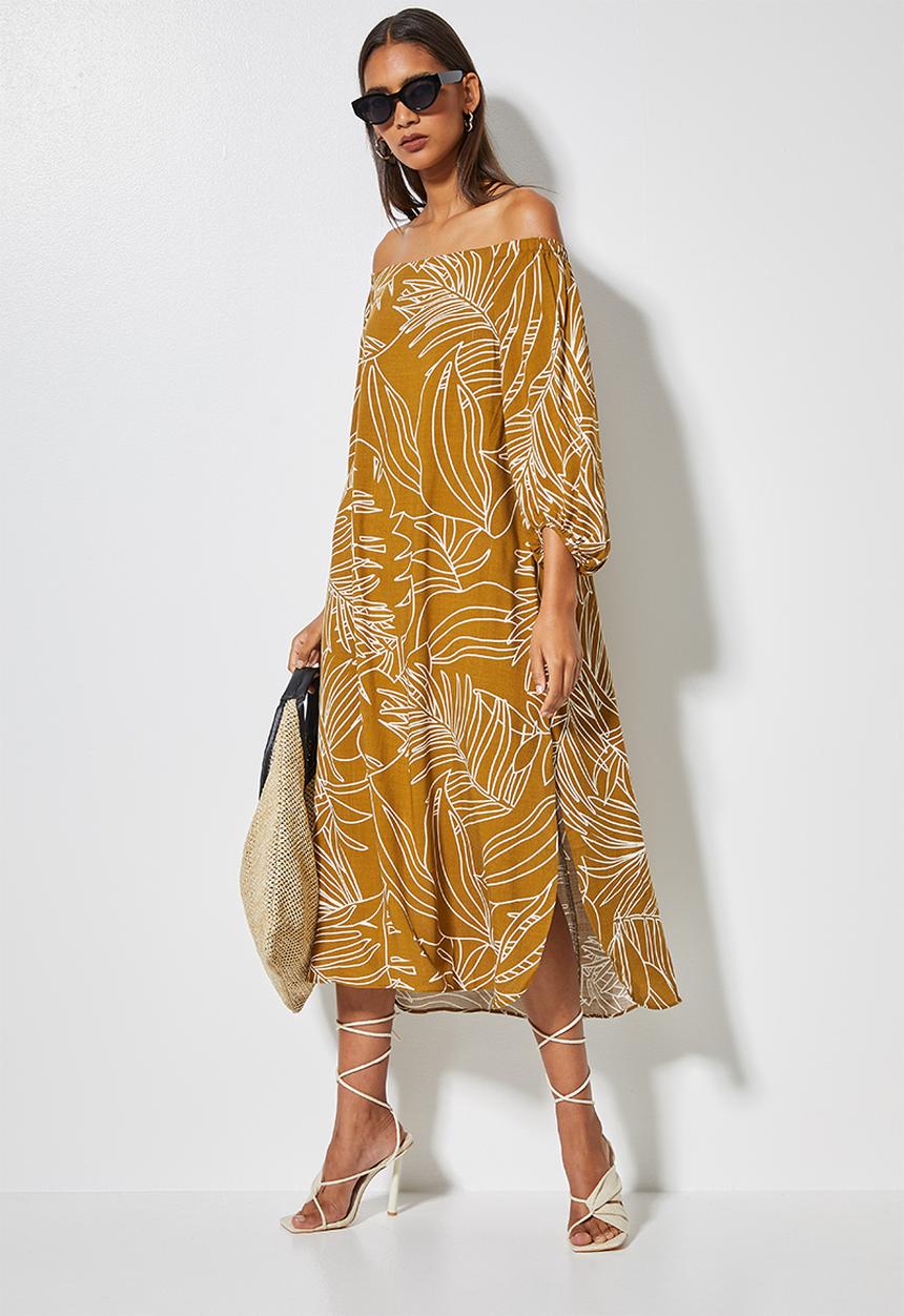 VELVET - Bardot katan midi dress with slits - tobacco leaf