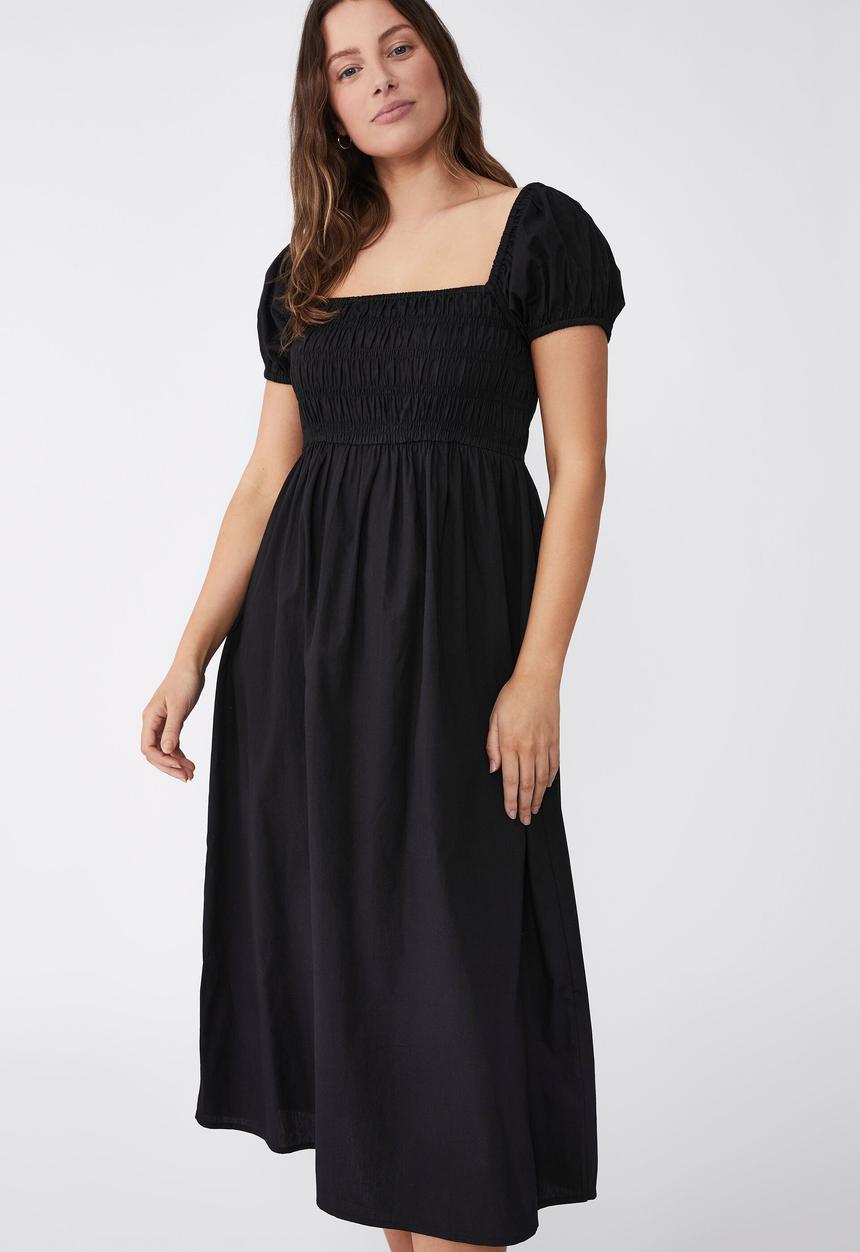 Cotton On - Woven poppy shirred midi dress - black