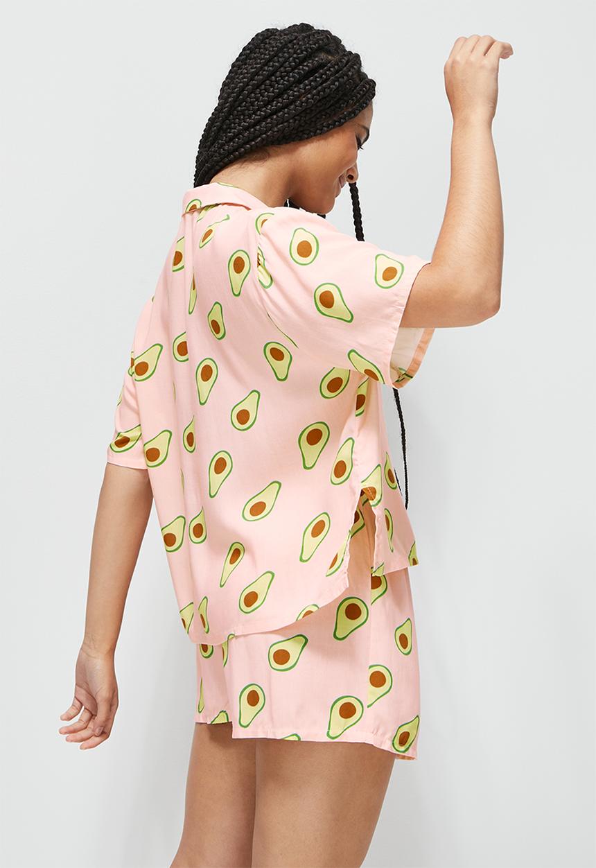 Blake - Printed button down sleep set - pink avo print