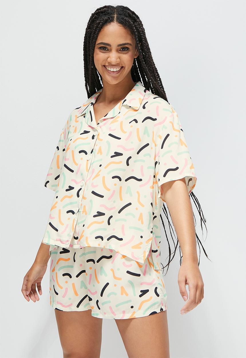 Blake - Printed button down sleep set - ivory squiggle  print