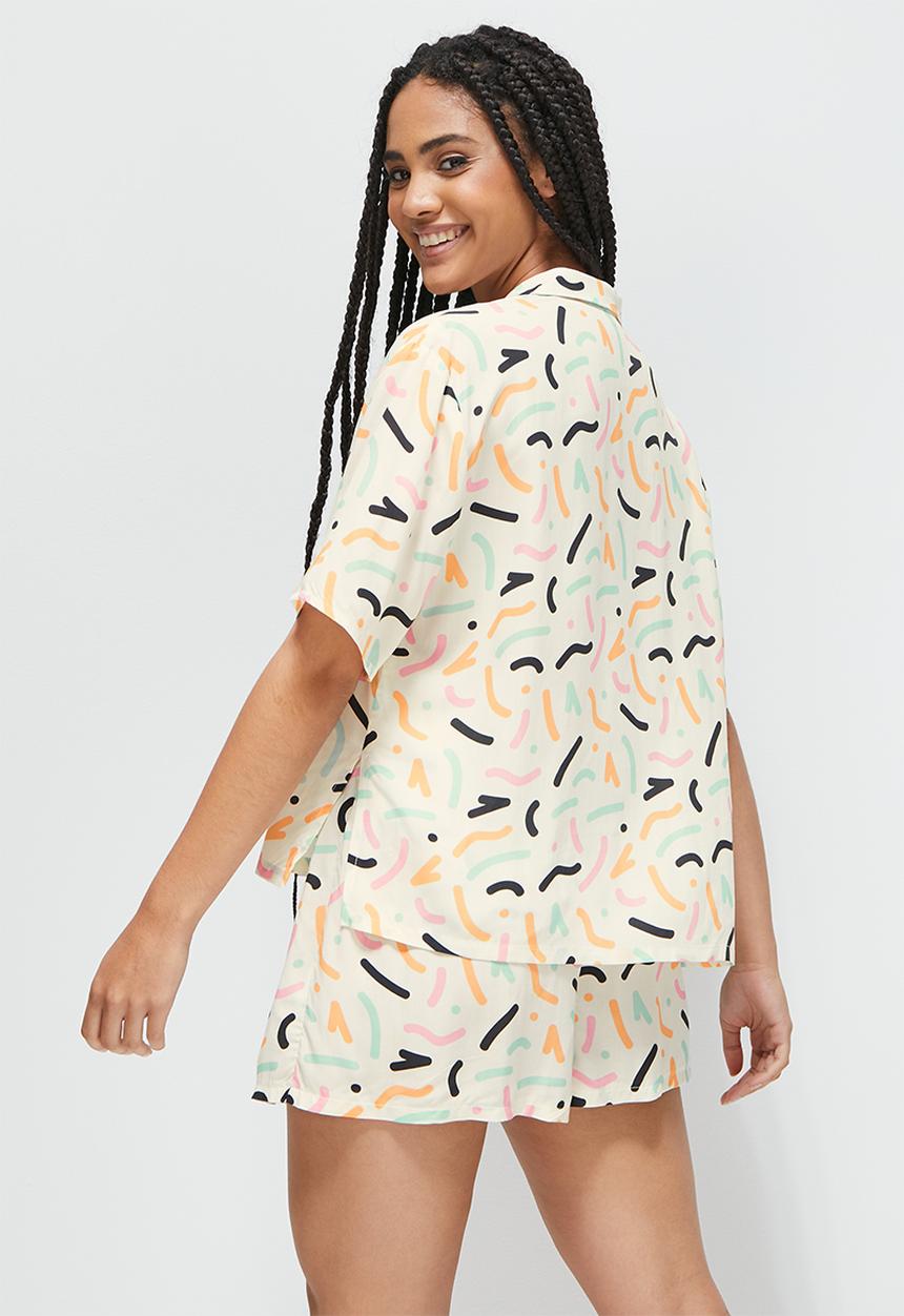 Blake - Printed button down sleep set - ivory squiggle  print