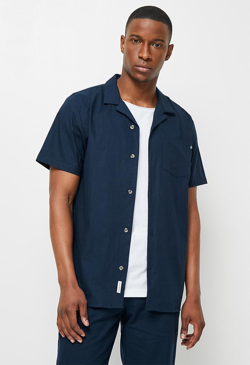 Lark & Crosse - Regular fit lightweight textured short sleeve shirt - navy